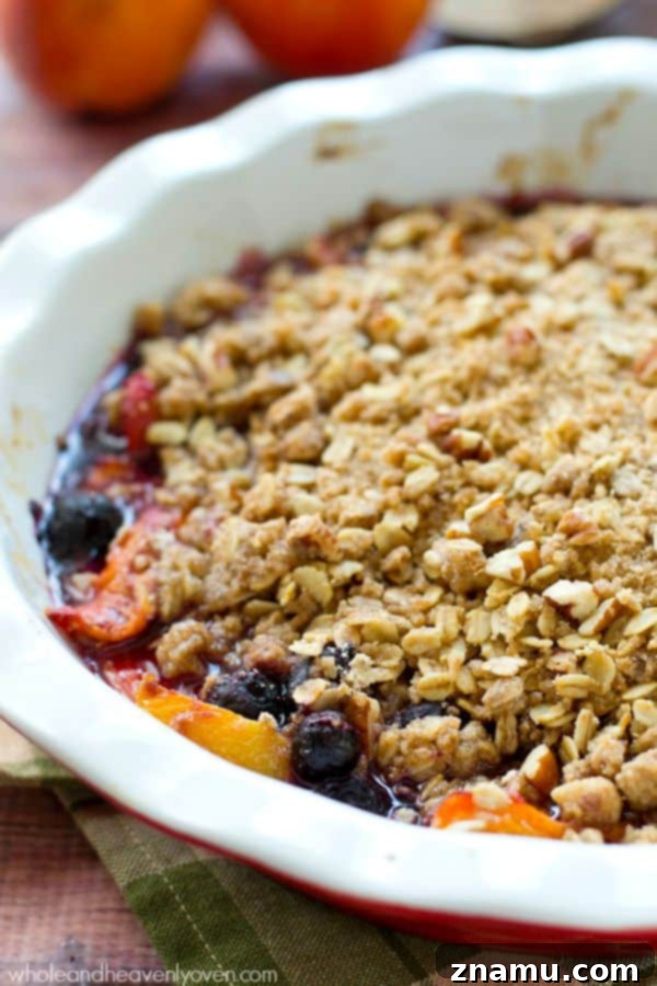 Sweet Peach Blueberry Oat Crumble 4 A generous serving of warm peach and blueberry crumble topped with melting vanilla ice cream in a bowl.