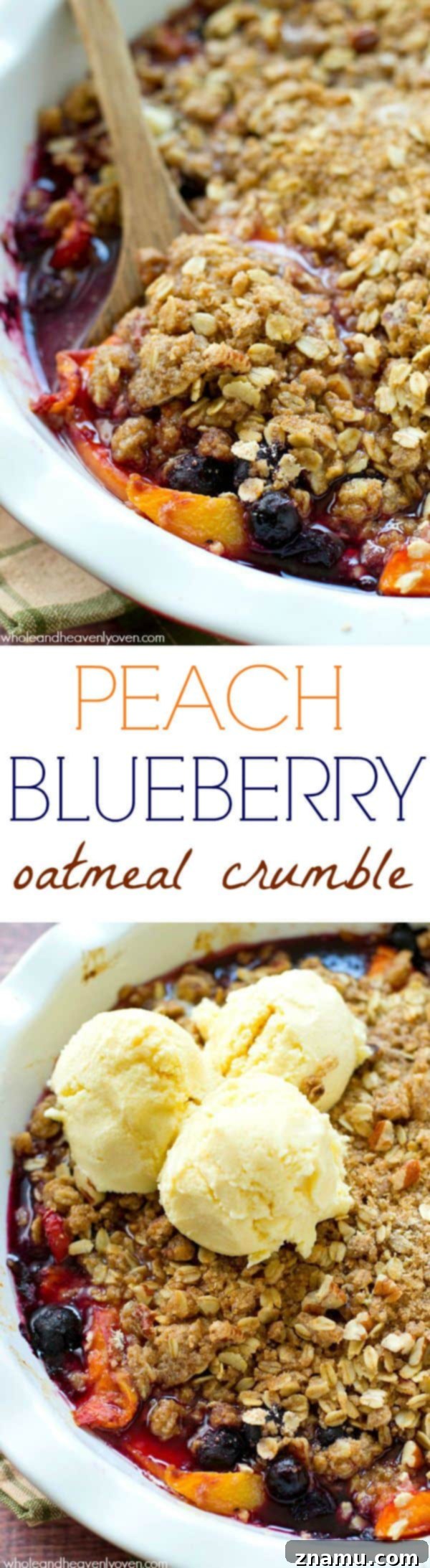 Sweet Peach Blueberry Oat Crumble 9 An overhead shot of a large dish of peach blueberry oatmeal crumble, golden and inviting, with scoops taken out.