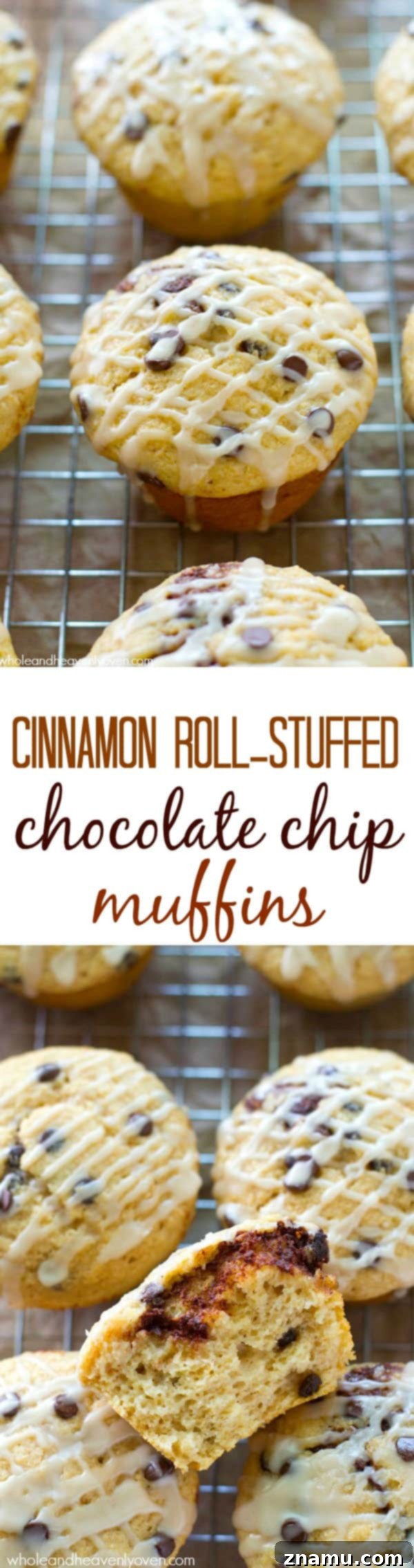 Cinnamon Roll Surprise Chocolate Chip Muffins 9 Closeup of muffins on a plate with one muffin cut in half