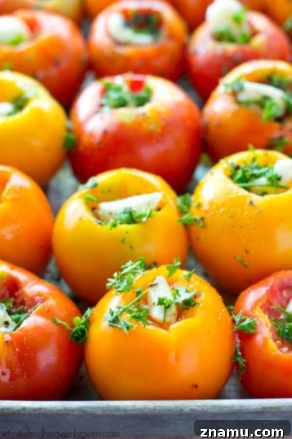 Slow-roasted for hours in plenty of herbs and garlic, this tomato sauce packs in the absolute BEST flavors of summer! --- It’s awesome on top of pasta and freezes wonderfully. @WholeHeavenly