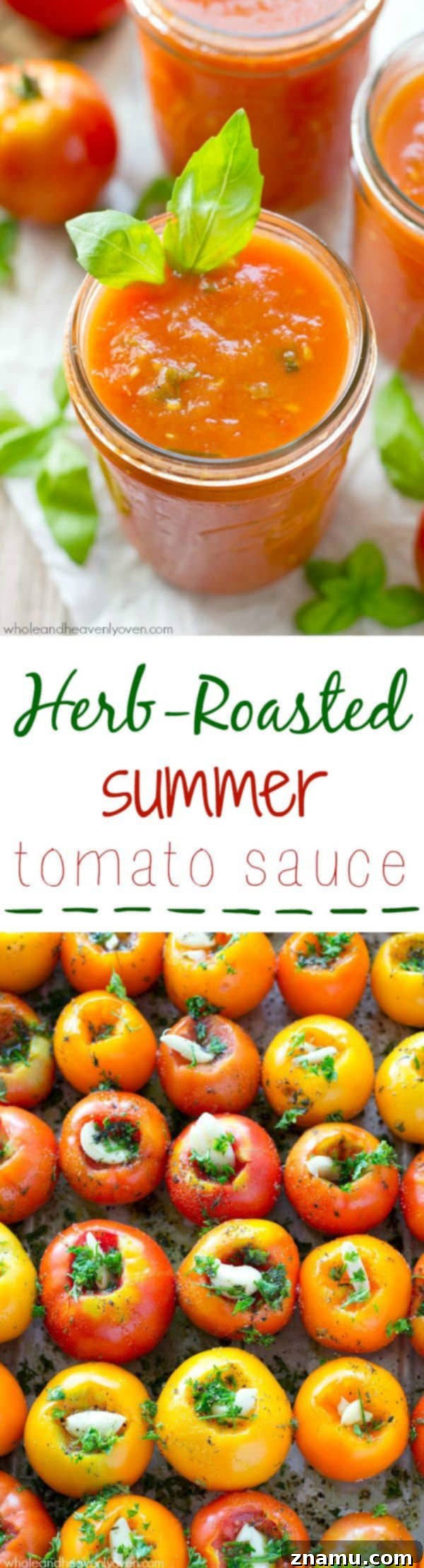 Slow-roasted for hours in plenty of herbs and garlic, this tomato sauce packs in the absolute BEST flavors of summer! --- It's awesome on top of pasta and freezes wonderfully. @WholeHeavenly