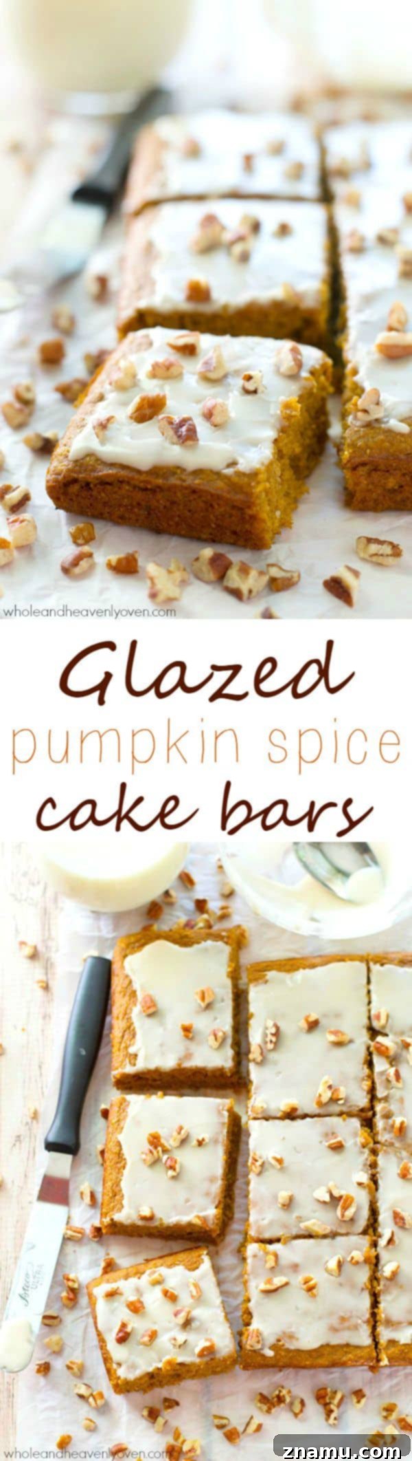Velvet Pumpkin Spice Glaze Bars 9 Two glazed pumpkin spice cake bars, one whole and one with a bite taken, revealing the soft texture.
