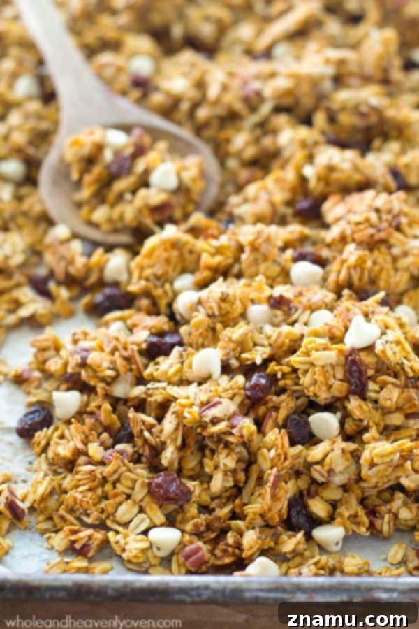 This crisp, cluster-y granola has a delightful fall twist of pumpkin, white chocolate, dried cranberries, and plenty of spice.---You'll want to eat it by the handful! @WholeHeavenly