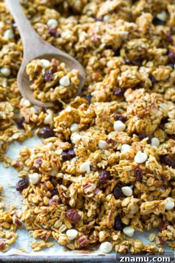 This crisp, cluster-y granola has a delightful fall twist of pumpkin, white chocolate, dried cranberries, and plenty of spice.---You'll want to eat it by the handful! @WholeHeavenly