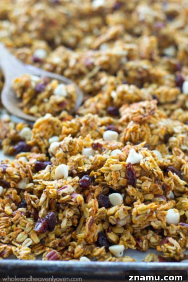 This crisp, cluster-y granola has a delightful fall twist of pumpkin, white chocolate, dried cranberries, and plenty of spice.---You'll want to eat it by the handful! @WholeHeavenly