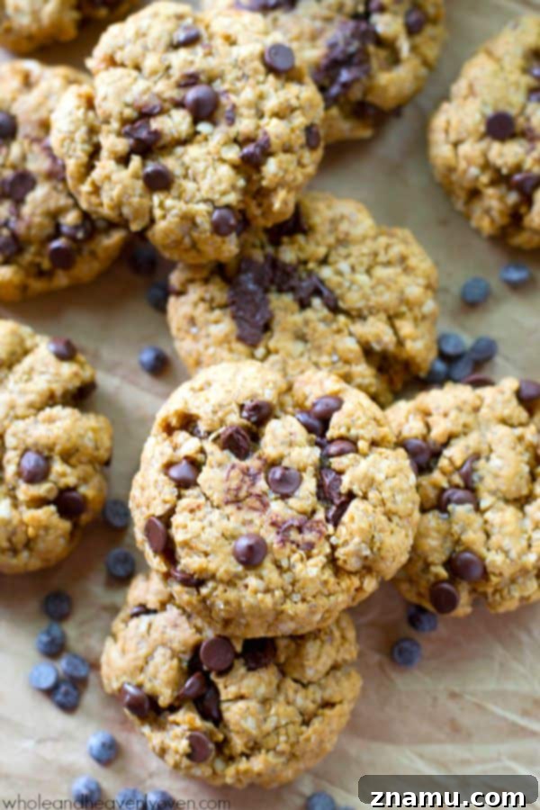 Hand holding a freshly baked flourless peanut butter chocolate chip cookie, showcasing its soft texture.
