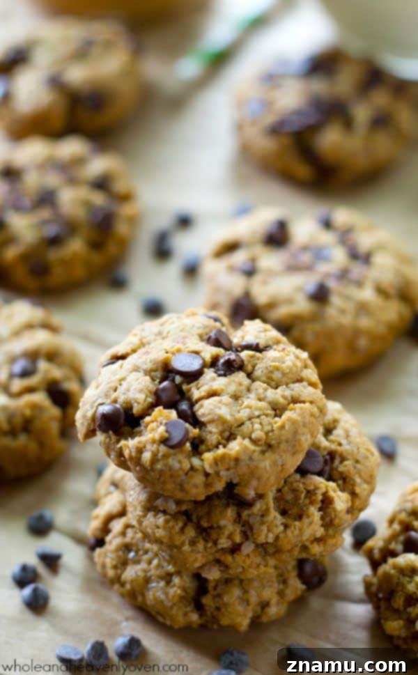 A platter of irresistible flourless peanut butter chocolate chip oatmeal cookies.