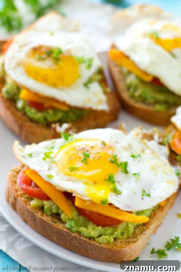 Cali Egg Avocado Toast 4 Overhead view of several servings of California-Style Fried Egg Avocado Toast, artfully arranged with golden fried eggs and fresh garnishes.