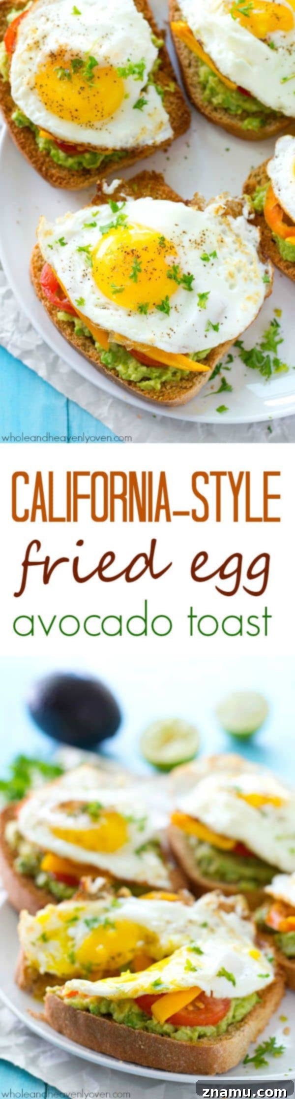 Cali Egg Avocado Toast 9 A mouth-watering close-up of California-Style Fried Egg Avocado Toast, highlighting the juicy tomato slices, sweet peppers, and creamy avocado, topped with a fried egg.