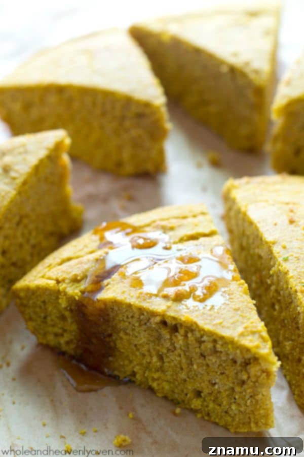 Golden Pumpkin Spice Cornbread Wedges 3 Plenty of fall spices and pumpkin collide in these extra-soft pumpkin spiced cornbread wedges that go perfectly with a bowl of hot chili! @WholeHeavenly