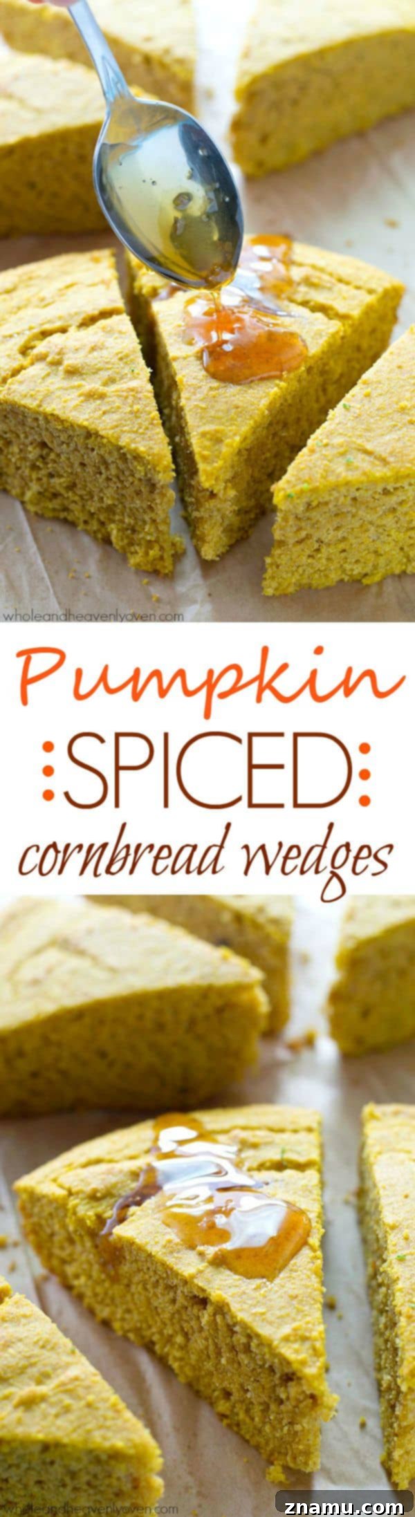 Golden Pumpkin Spice Cornbread Wedges 9 Plenty of fall spices and pumpkin collide in these extra-soft pumpkin spiced cornbread wedges that go perfectly with a bowl of hot chili! @WholeHeavenly