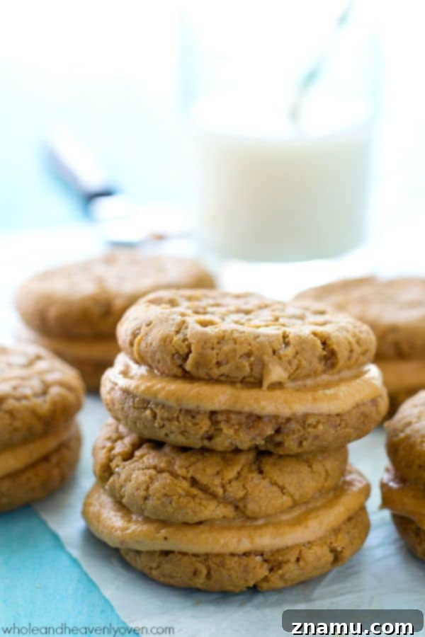 Hand holding a peanut butter sandwich cookie with a glimpse of a beach and ocean in the background, hinting at a vacation.