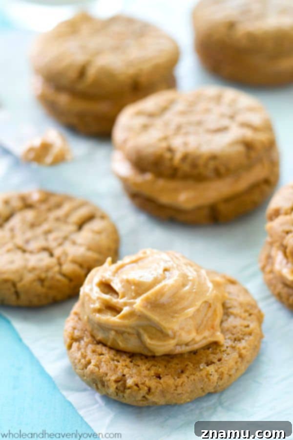 Side view of a peanut butter sandwich cookie, highlighting its thick, creamy filling and soft, chewy cookie layers.
