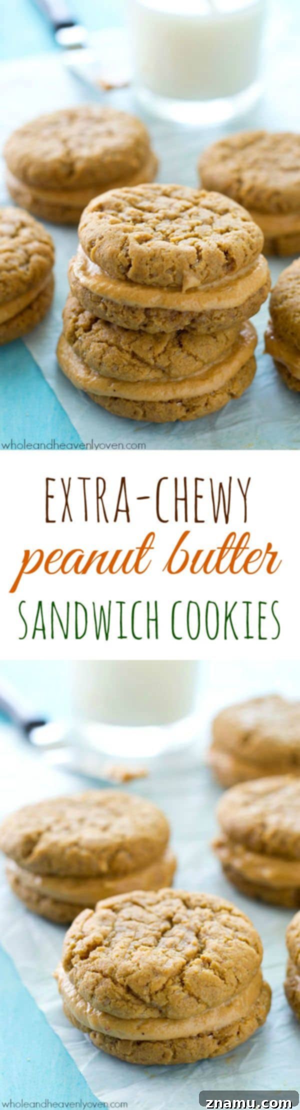 Stack of four peanut butter sandwich cookies with rich filling, tempting and ready to be enjoyed.