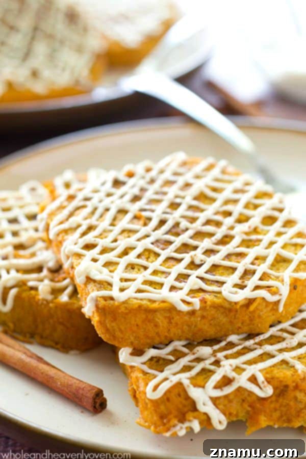 Decadent Pumpkin Cheesecake French Toast 2 Delicious stacks of Pumpkin Cheesecake French Toast with a rich cream cheese glaze.