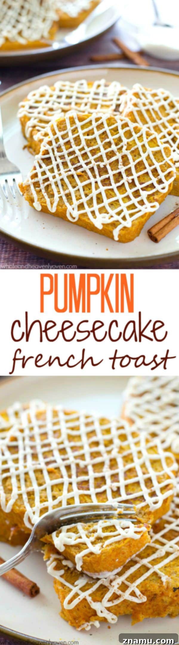 Decadent Pumpkin Cheesecake French Toast 9 A large, inviting stack of Pumpkin Cheesecake French Toast, drenched in glaze and ready to eat.