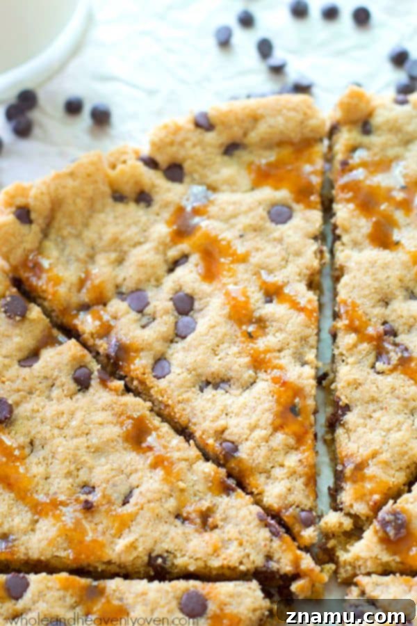 Gooey Flourless Caramel Chocolate Chip Skillet Cookie 7 Multiple slices of the decadent flourless caramel chocolate chip skillet cookie, perfectly portioned and ready to be enjoyed. @WholeHeavenly
