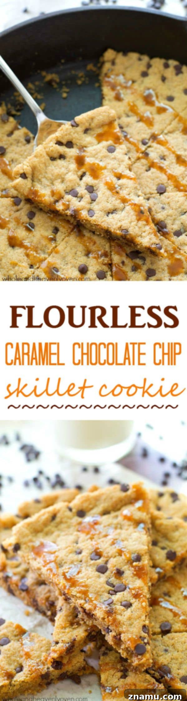 Gooey Flourless Caramel Chocolate Chip Skillet Cookie 8 A delicious wedge of the flourless caramel chocolate chip skillet cookie, displaying its rich texture and gooey caramel topping. Get ready to bake! @WholeHeavenly