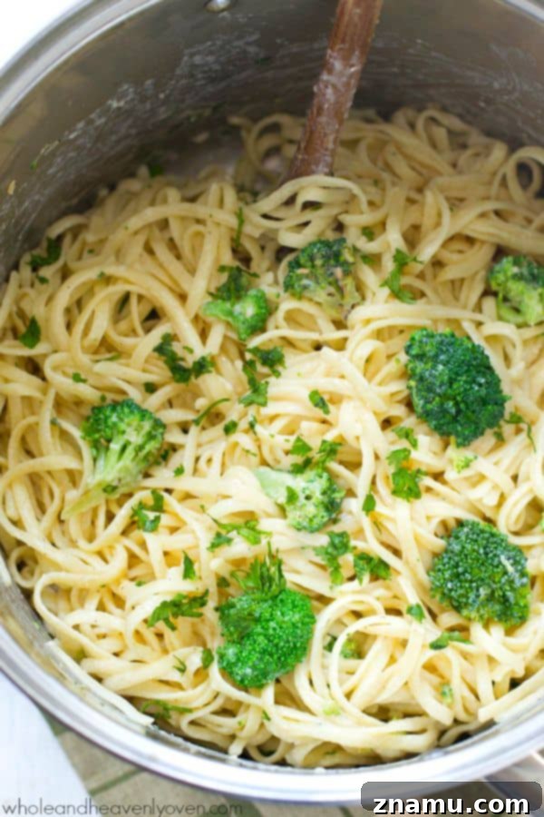 Broccoli Garlic Fettuccine Alfredo in 20 Minutes 5 A serving of hot fettuccine alfredo with vibrant green broccoli florets and a sprinkle of fresh parmesan.
