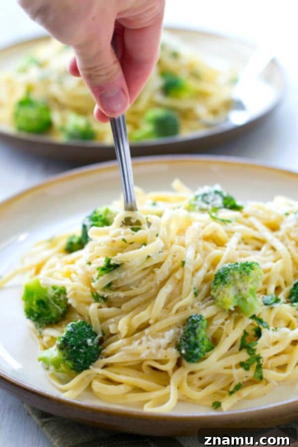 Broccoli Garlic Fettuccine Alfredo in 20 Minutes 6 Hands holding a fork, serving creamy fettuccine alfredo with broccoli onto a plate.