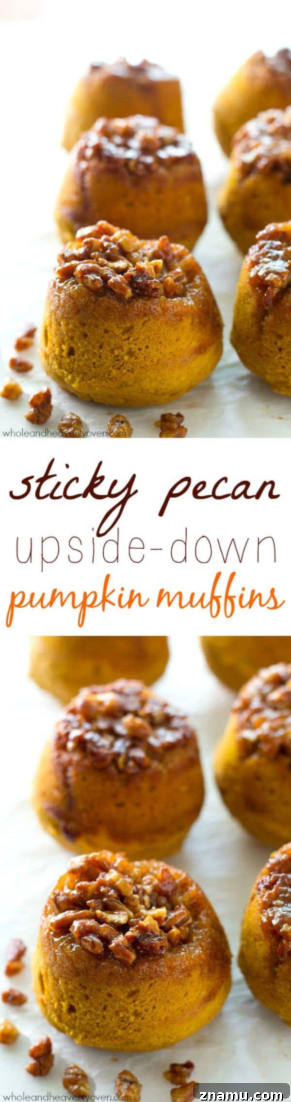 Gooey Pecan Pumpkin Flip Muffins 7 A close-up overhead shot of two sticky pecan pumpkin muffins on a wooden surface.
