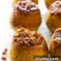 An irresistible sticky pecan topping stars in these soft pumpkin spiced muffins---like a cross between a sticky bun and a muffin all rolled in one!