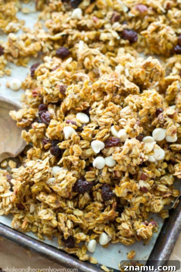 Gooey Pecan Pumpkin Flip Muffins 9 Crisp, cluster-y granola with pumpkin, white chocolate, dried cranberries, and fall spices.