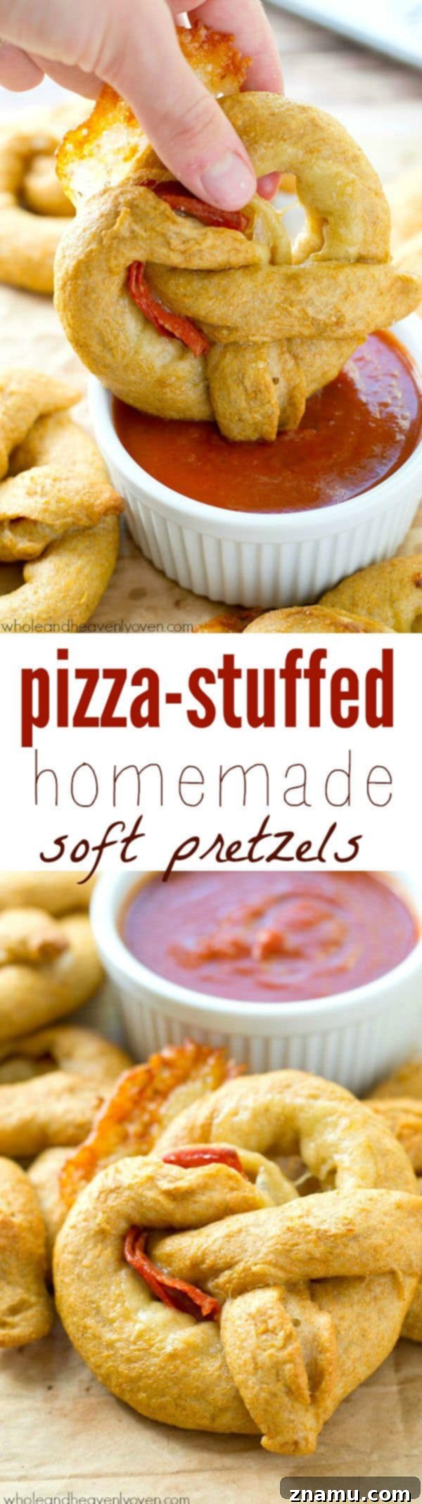 Pizza Pretzel Pockets 8 Exploding with gooey cheese and pepperoni slices, these crowd-pleasing soft pretzels are guaranteed to disappear the second you put them out! @WholeHeavenly