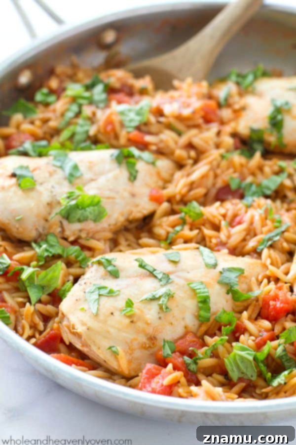 One-Pot Italian Chicken and Orzo Pasta: A quick and easy 30-minute comfort food recipe. Perfect for busy weeknights. @WholeHeavenly