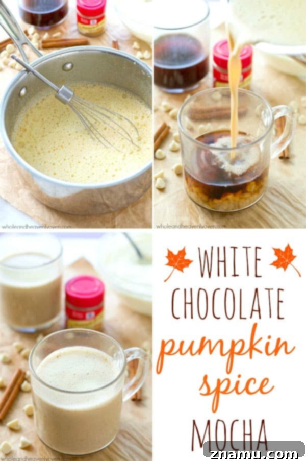 Pumpkin Spice White Chocolate Mocha 6 Ingredients for White Chocolate Pumpkin Spice Mocha being prepared, showing a saucepan with melting white chocolate and pumpkin puree.