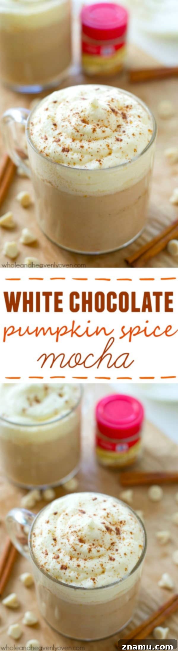 Pumpkin Spice White Chocolate Mocha 8 A beautifully styled White Chocolate Pumpkin Spice Mocha with autumn leaves and rustic decor, emphasizing the seasonal theme.