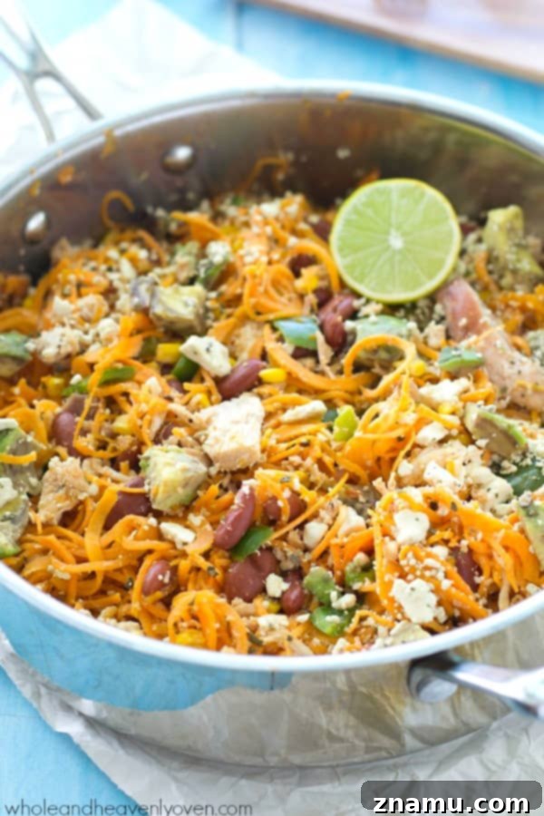 Flavorful Mexican Sweet Potato Noodle Skillet 2 Loaded with all kinds of Mexican-style goodness and made entirely in one skillet, these easy sweet potato noodles are going to quickly become a family favorite!