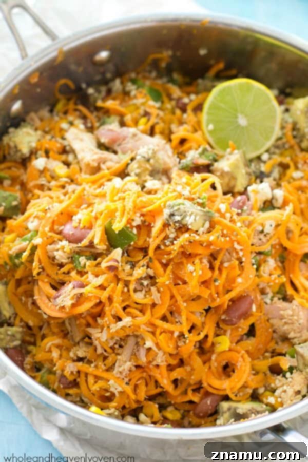 Flavorful Mexican Sweet Potato Noodle Skillet 3 Loaded with all kinds of Mexican-style goodness and made entirely in one skillet, these easy sweet potato noodles are going to quickly become a family favorite!