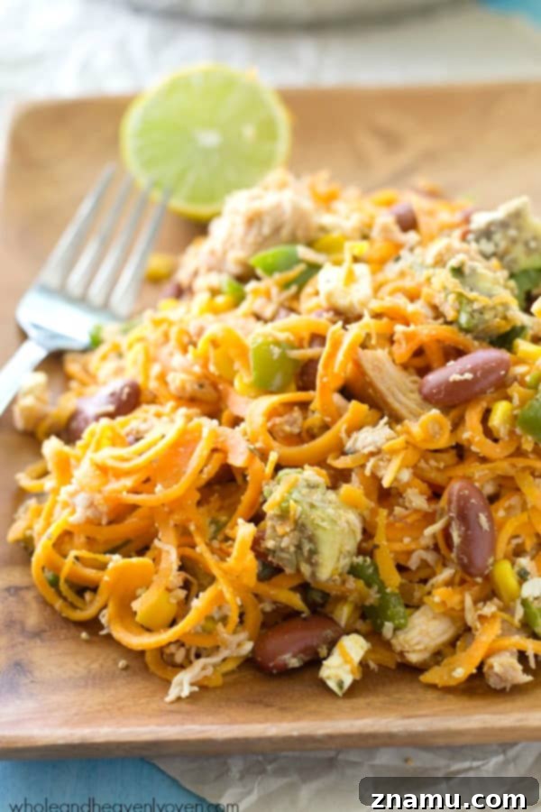 Flavorful Mexican Sweet Potato Noodle Skillet 4 Loaded with all kinds of Mexican-style goodness and made entirely in one skillet, these easy sweet potato noodles are going to quickly become a family favorite!
