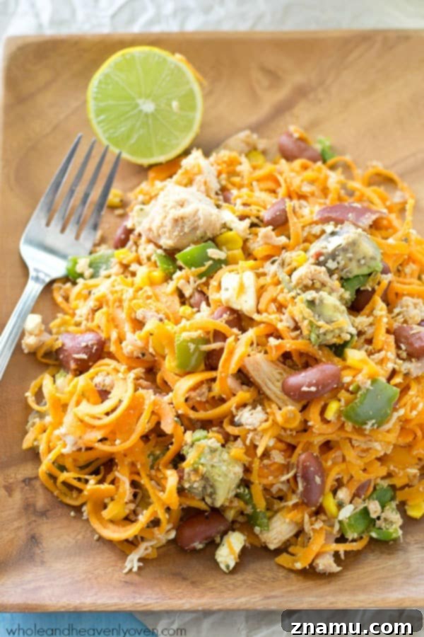 Flavorful Mexican Sweet Potato Noodle Skillet 6 Loaded with all kinds of Mexican-style goodness and made entirely in one skillet, these easy sweet potato noodles are going to quickly become a family favorite!