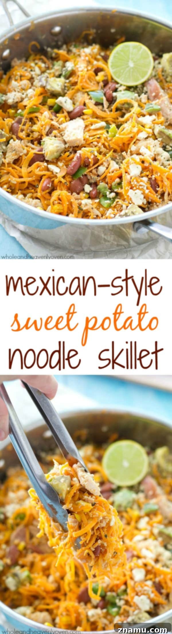 Flavorful Mexican Sweet Potato Noodle Skillet 7 Loaded with all kinds of Mexican-style goodness and made entirely in one skillet, these easy sweet potato noodles are going to quickly become a family favorite!