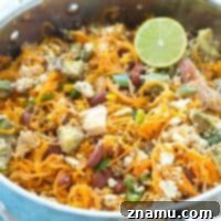 Flavorful Mexican Sweet Potato Noodle Skillet 8 Loaded with all kinds of Mexican-style goodness and made entirely in one skillet, these easy sweet potato noodles are going to quickly become a family favorite!