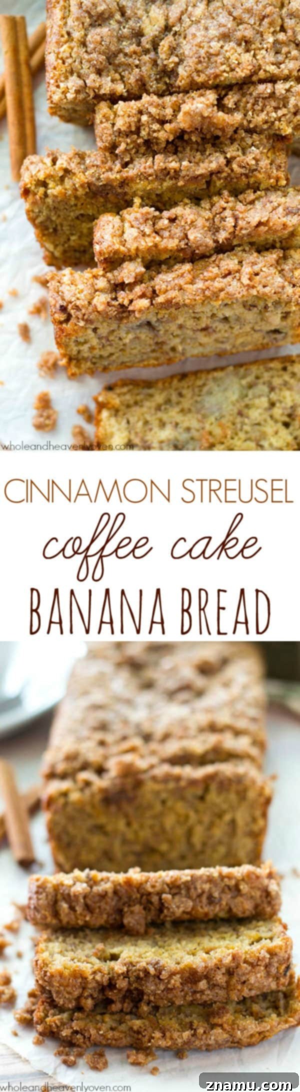 Cinnamon Streusel Banana Coffee Cake 8 An overhead shot of several slices of Cinnamon Streusel Coffee Cake Banana Bread, showcasing its inviting texture and delicious streusel.