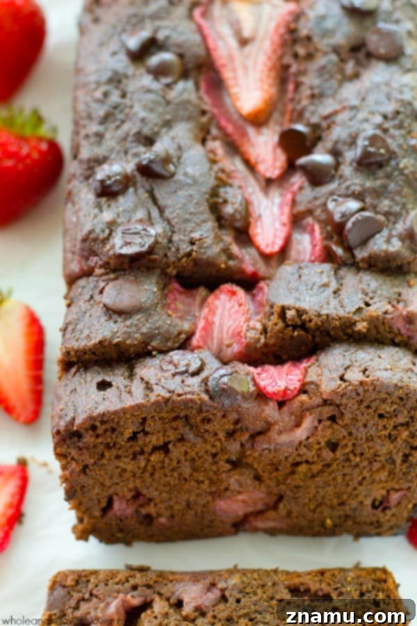 Cinnamon Streusel Banana Coffee Cake 10 A slice of moist Double Chocolate Strawberry Banana Bread, featuring rich chocolate and juicy strawberries, a family favorite.