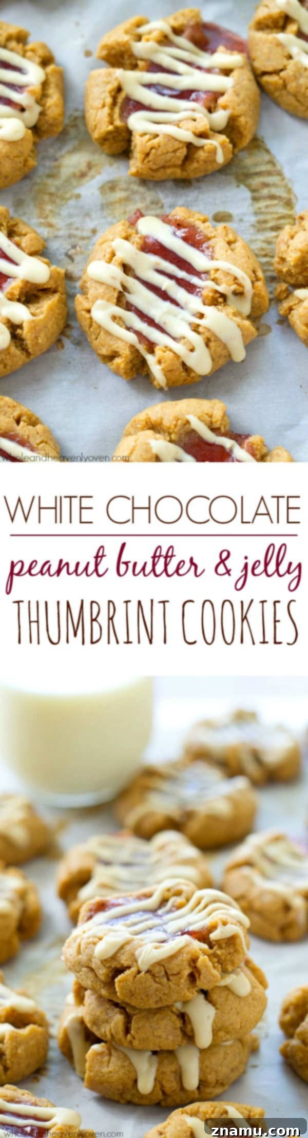 A large, tempting stack of freshly baked white chocolate peanut butter and jelly thumbprint cookies, highlighting their deliciousness.