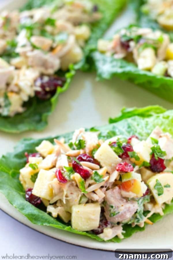 Golden Harvest Chicken Lettuce Cups 2 Extra-creamy and loaded with crunchy apples and cranberries, this colorful chicken salad makes the perfect filler for these beautiful and healthy lettuce wraps!