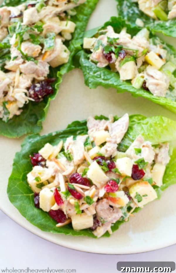 Golden Harvest Chicken Lettuce Cups 3 Extra-creamy and loaded with crunchy apples and cranberries, this colorful chicken salad makes the perfect filler for these beautiful and healthy lettuce wraps!