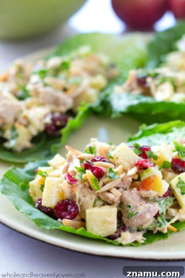 Golden Harvest Chicken Lettuce Cups 4 Extra-creamy and loaded with crunchy apples and cranberries, this colorful chicken salad makes the perfect filler for these beautiful and healthy lettuce wraps!