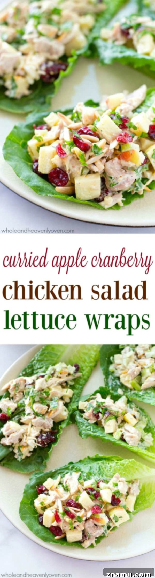 Golden Harvest Chicken Lettuce Cups 8 Extra-creamy and loaded with crunchy apples and cranberries, this colorful chicken salad makes the perfect filler for these beautiful and healthy lettuce wraps!
