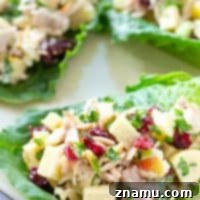 Golden Harvest Chicken Lettuce Cups 9 Extra-creamy and loaded with crunchy apples and cranberries, this colorful chicken salad makes the perfect filler for these beautiful and healthy lettuce wraps!