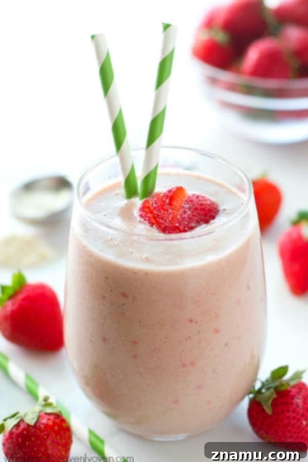 PB&J Power Up Smoothie 3 Close-up of the delicious Peanut Butter and Jelly Protein Smoothie, highlighting its smooth texture.