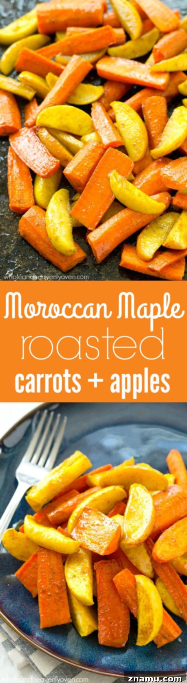 Moroccan Maple Caramelized Carrots and Apples 8 A dynamic overhead shot of Moroccan Maple-Roasted Carrots and Apples, highlighting the rich colors and tantalizing glaze on a patterned background.