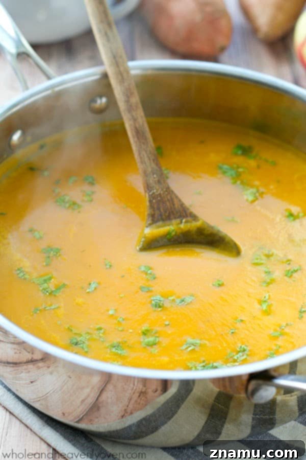 Spiced Sweet Potato Apple Bisque 4 A bowl of creamy sweet potato apple soup garnished with fresh herbs, perfect for a chilly autumn day.