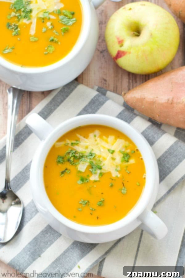 Spiced Sweet Potato Apple Bisque 6 A hearty bowl of sweet potato and apple cream soup, garnished with a generous sprinkle of cheese.