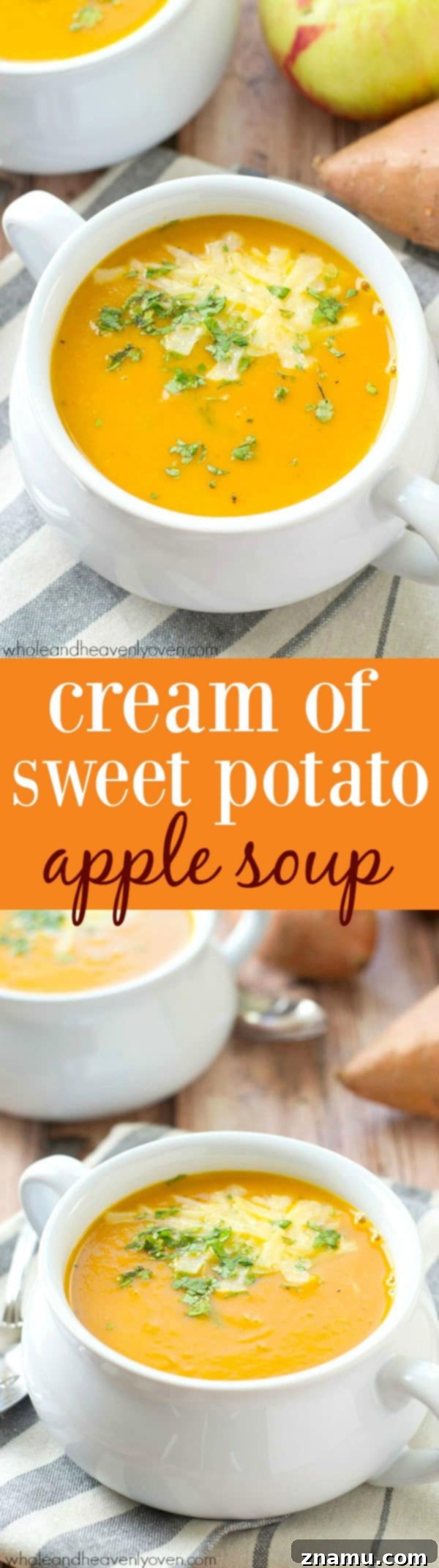 Spiced Sweet Potato Apple Bisque 7 Multiple bowls of sweet potato and apple cream soup with Asiago cheese, inviting a comforting meal.